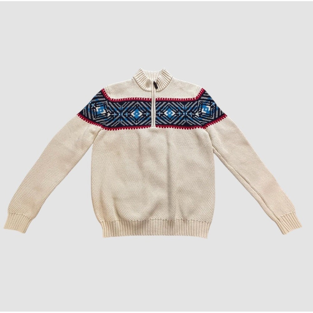 Izod Fair Isle 1/4 Zip Men's L Chunky Knit Cream Sweater Americana Preppy Ski